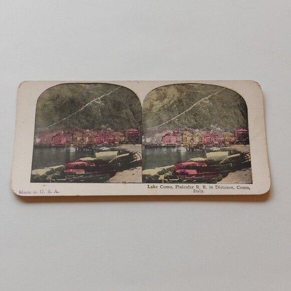Antique Stereograph Card Lake Como, Finicular R.R. in Distance, Como, Italy - Picture 1 of 3